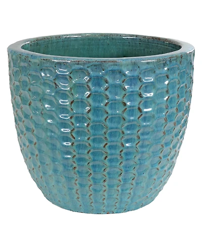 Raised Hexagon Pattern Glazed Ceramic Planter - Turquoise - 14" Round