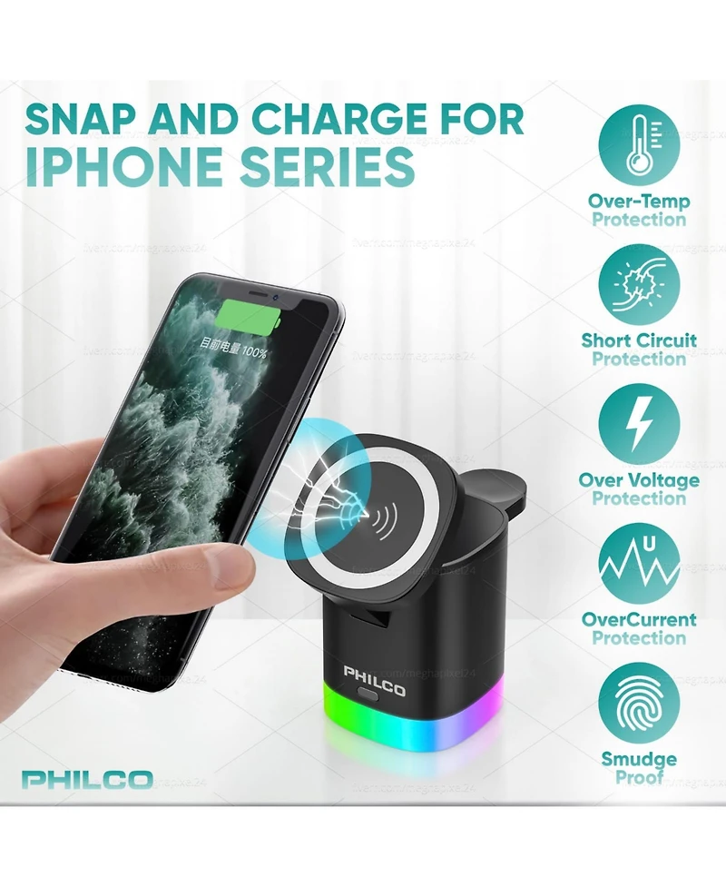 Philco 15W Fast Charging for Apple iPhone 16 15 14 13 12 11 MagSafe 3-in-1 Wireless Charging Station – Foldable Design, Charges Apple Watch & A