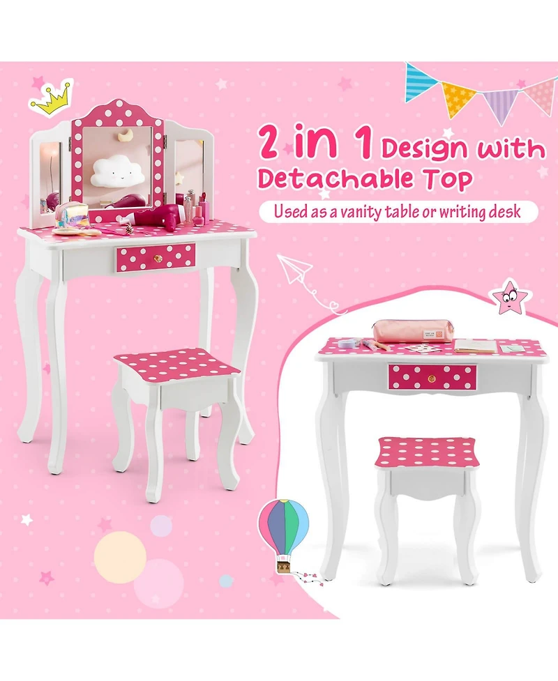 Gouun Kids Vanity Table and Stool Set with Cute Polka Dot Print