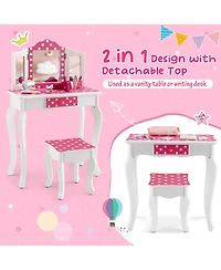 Gouun Kids Vanity Table and Stool Set with Cute Polka Dot Print