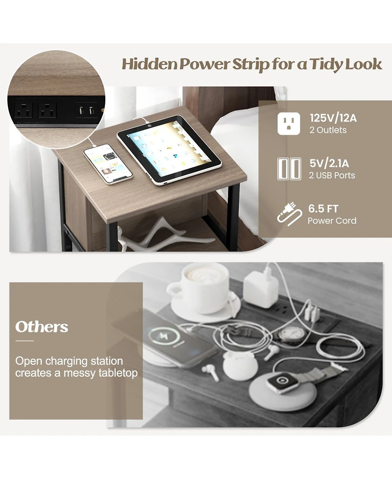 Gouun 3-Tier End Table with Usb Ports & Power Outlets-2 Pieces