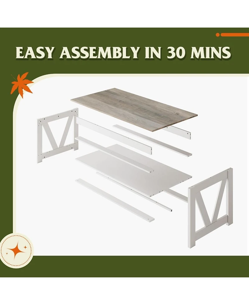 Wlive Farmhouse Coffee Table,Living Room Table with Storage,43 in Wood Center Table with V-Shaped Frame for Home Office,Apartment