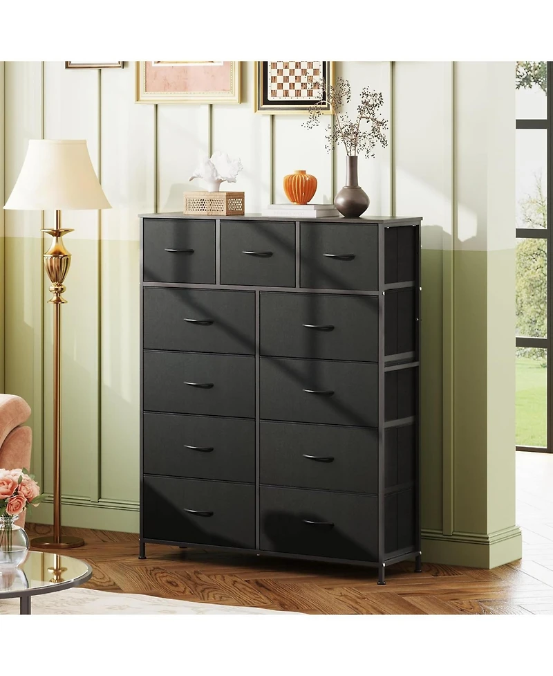 Wlive 11-Drawer Dresser Fabric Storage Tower for Bedroom Hallway Closets Tall Chest Organizer Unit with Bins Steel Frame Wood Top Easy Pull Han