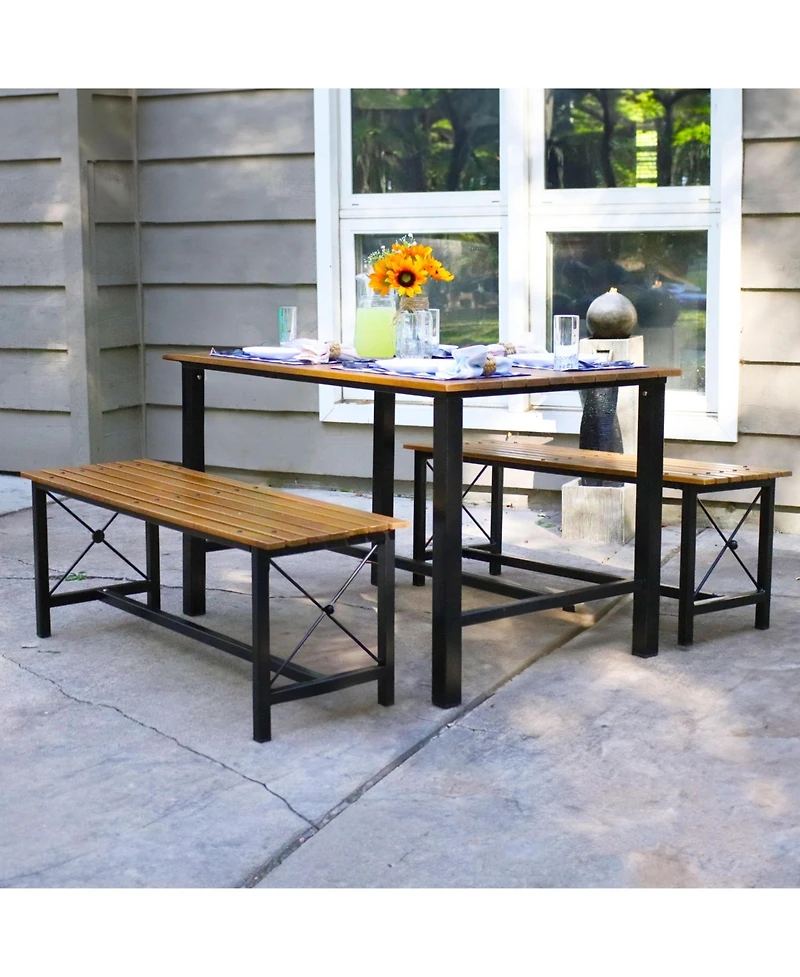 European Chestnut 3-Piece Indoor/Outdoor Patio Dining Set with Powder-Coated Steel Frame