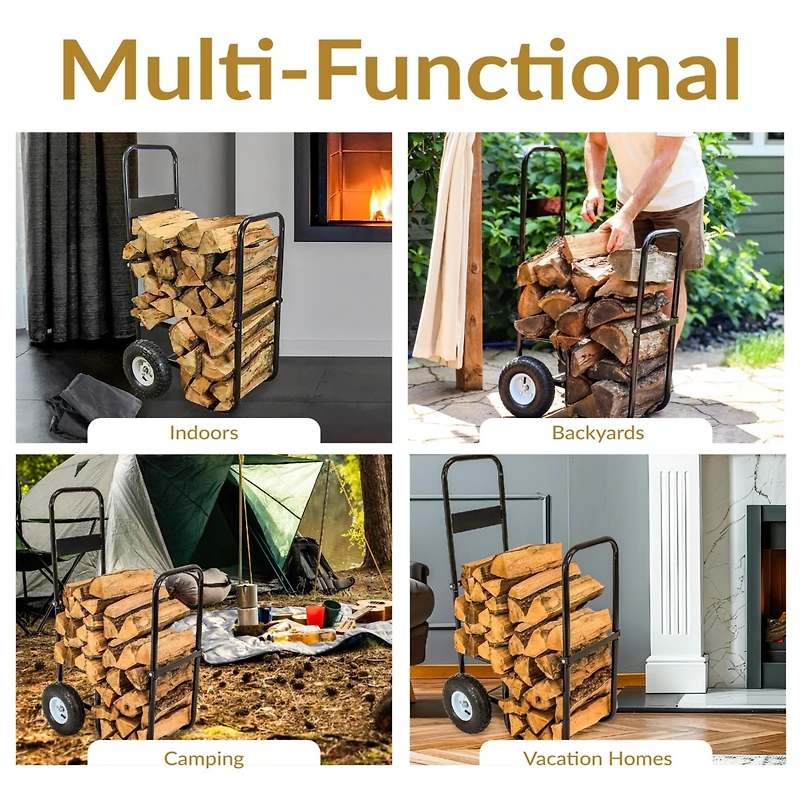 Indoor/Outdoor Steel Rolling Firewood Log Cart Carrier with Wheels - 1/8 Face Cord - Black