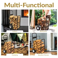 Indoor/Outdoor Steel Rolling Firewood Log Cart Carrier with Wheels - 1/8 Face Cord - Black