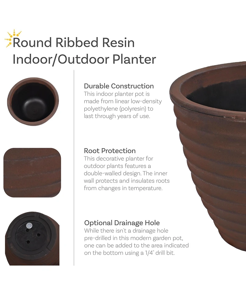 Indoor/Outdoor Round Ribbed Polyresin Planter Pot with Double Wall Design - Rust