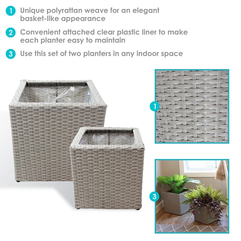 Square Indoor Polyrattan Planters with Attached Clear Polypropylene Liner 14" Square x 11" H and 14" Square x 11" H