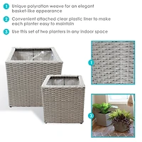 Square Indoor Polyrattan Planters with Attached Clear Polypropylene Liner 14" Square x 11" H and 14" Square x 11" H
