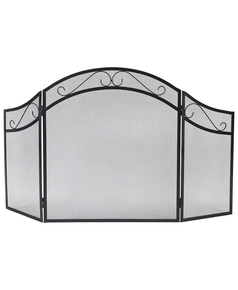 Folding 3-Panel Steel Fireplace Screen with Elegant Scroll Design - Black
