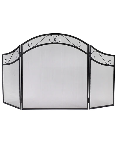 Folding 3-Panel Steel Fireplace Screen with Elegant Scroll Design - Black