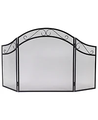 Folding 3-Panel Steel Fireplace Screen with Elegant Scroll Design - Black