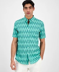 Club Room Men's Racket Regular-Fit Stretch Geo-Print Button-Down Poplin Shirt, Exclusively at Macy's