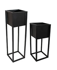 Modern Simplicity Cold-Rolled Steel Outdoor Elevated Planter - Set of 2 8.25" Square x 19.75" H and 27"