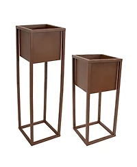 Modern Simplicity Cold-Rolled Steel Outdoor Elevated Planter - Set of 2 - 8.25" Square x 19.75" H and 27" H