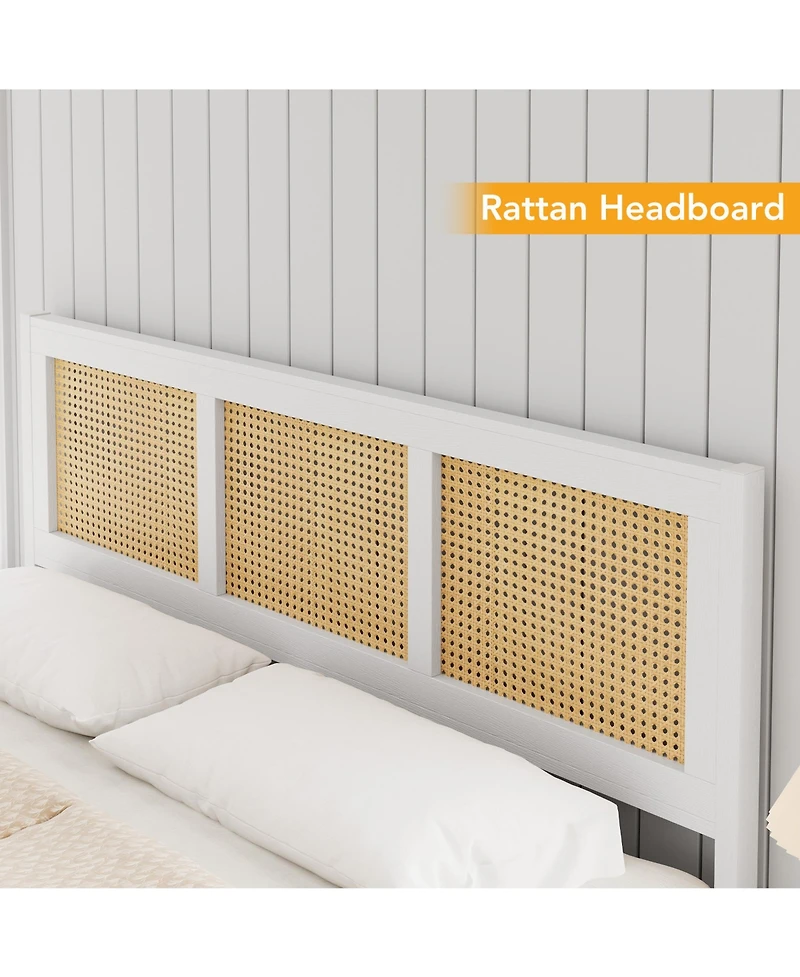 gaomon Queen Size Rattan Bed Frame with Headboard, Boho Cane Platform Bed Frame with Strong Metal Slat