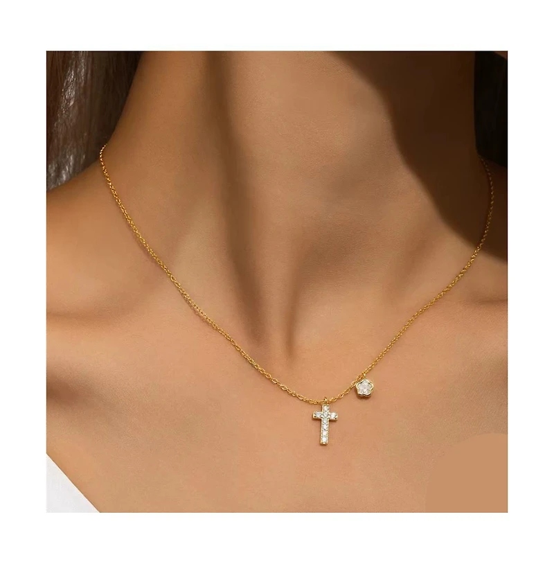 Hollywood Sensation Gold-Plated Sterling Silver Cross Necklace with Sparkling Cz and Floral Charm