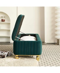 47.24" W Velvet Storage Ottoman Bench with Gold Embroidery, Modern Footstool for Living Room & Bedroom-The Pop Home