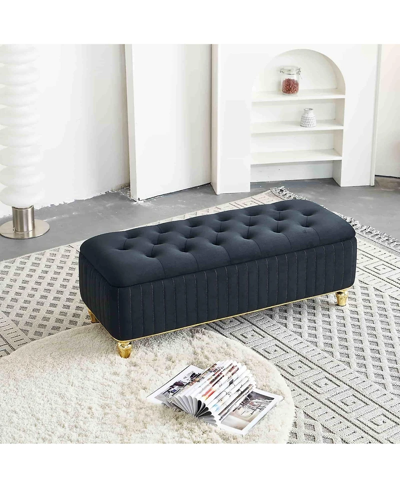 47.24" W Velvet Storage Ottoman Bench with Gold Embroidery, Modern Footstool for Living Room & Bedroom-The Pop Home