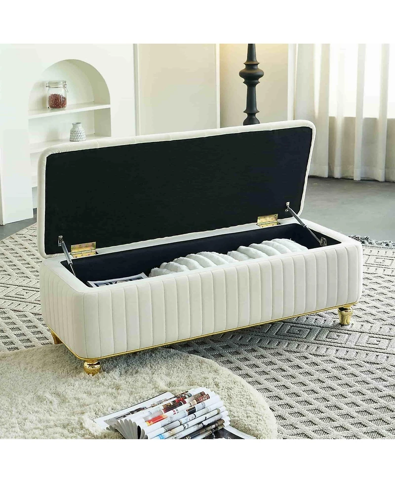 47.24" W Velvet Storage Ottoman Bench with Gold Embroidery, Modern Footstool for Living Room & Bedroom-The Pop Home