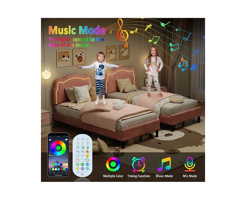 gaomon Twin Upholstered Smart Led Bed Frame with Adjustable Bear Headboard, Velvet Princess Platform Bed Frame for Kids/Girls, Wooden Slats Support, N