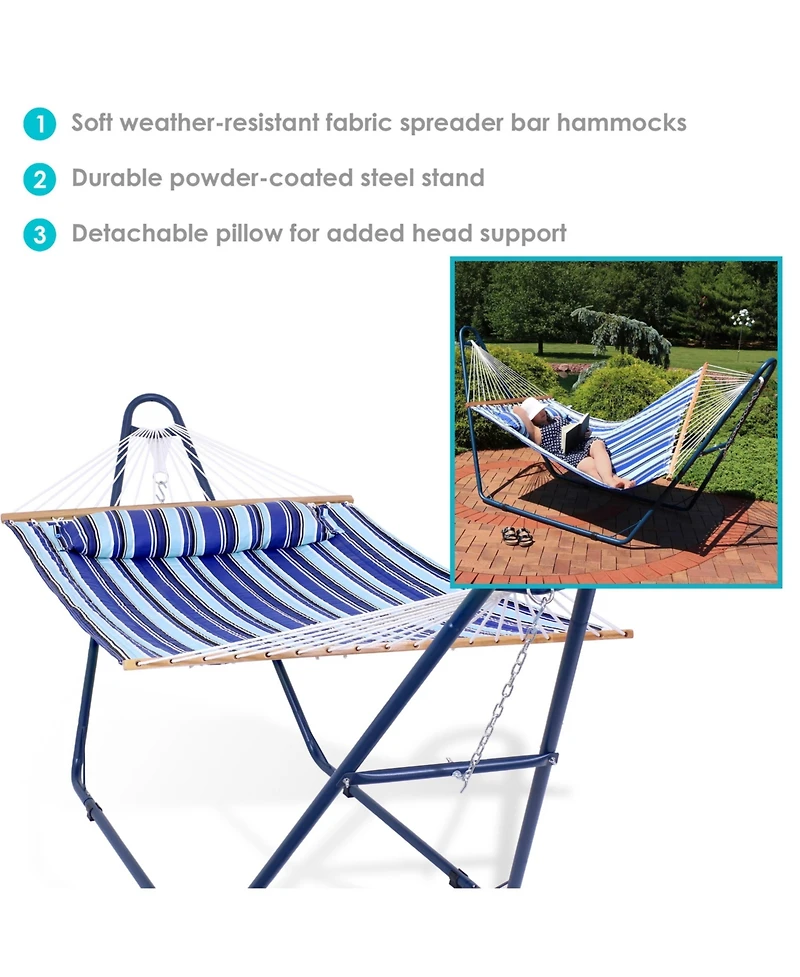 Outdoor 2-Person Double Polyester Quilted Hammock with Wood Spreader Bar and Matte Blue Steel Multi-Use Stand - Catalina Beach