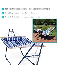 Outdoor 2-Person Double Polyester Quilted Hammock with Wood Spreader Bar and Matte Blue Steel Multi-Use Stand - Catalina Beach