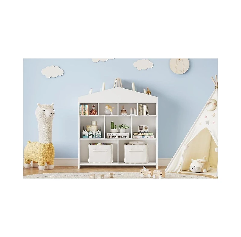 gaomon White Wood 1 White Rectangular Toy Storage Organizer 9-Cubby Kids Bookshelf