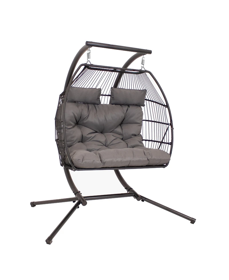 Andrei Double Hanging Egg Chair with Stand - 2-Person Outdoor Egg Chair - Includes Steel Stand and Cushion - Dark Gray