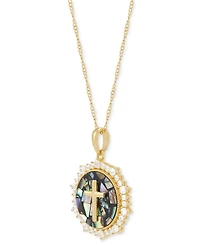 Round Mosaic & Created White Sapphire Pendant Necklace (1/2 ct. t.w.) in 14k Gold-Plated Sterling Silver, 18" + 2" extender
