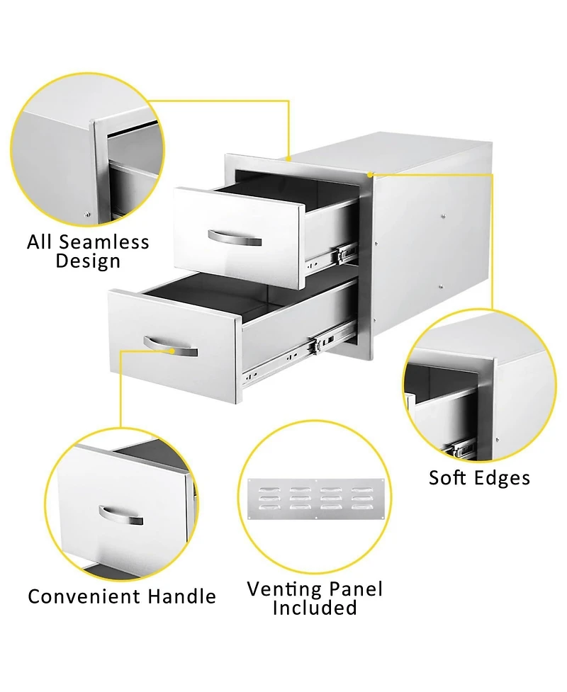 gaomon Outdoor Kitchen Drawers, Stainless Steel Flush Mount Double Bbq Storage Drawers, 14W x 23D x 15H Inches Built-in Access Drawers with Venting Pa