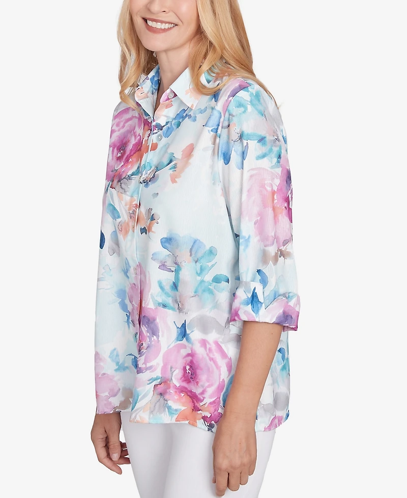 Alfred Dunner Women's Classic Floral Watercolor Button Down Top