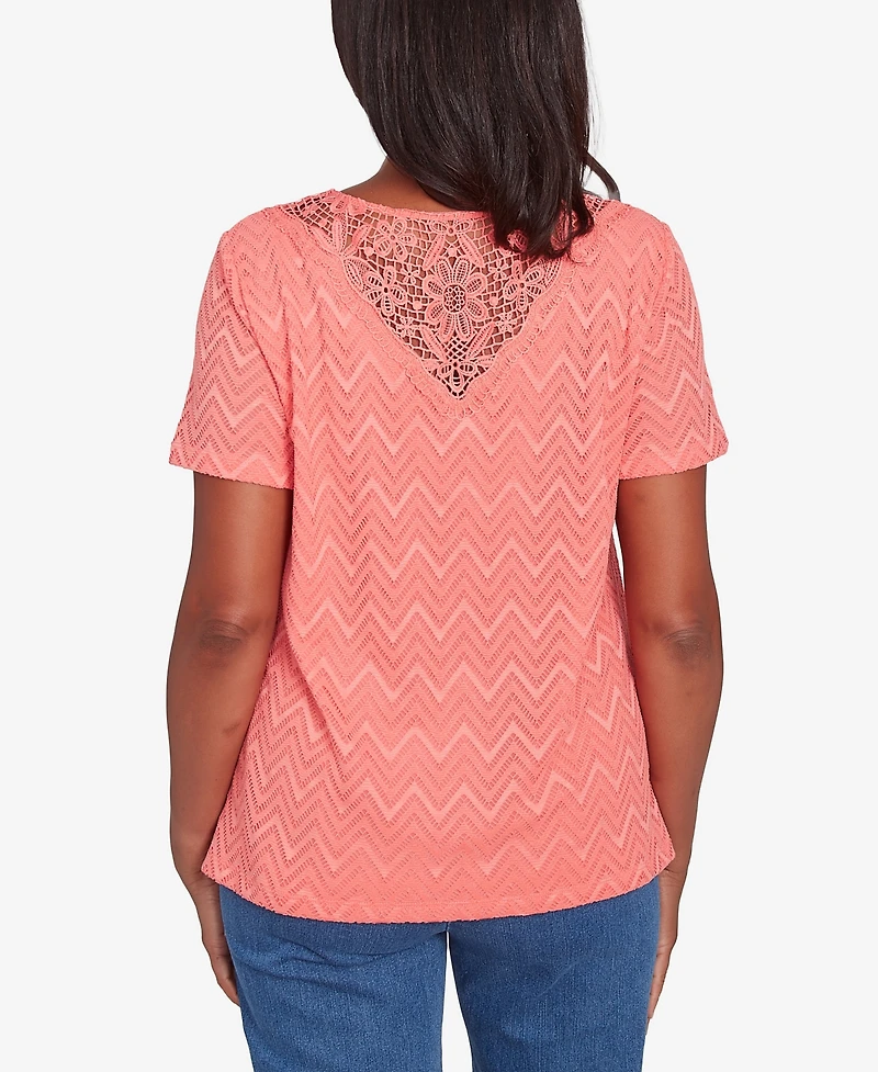 Alfred Dunner Women's Classic Textured Chevron Lace Back Top