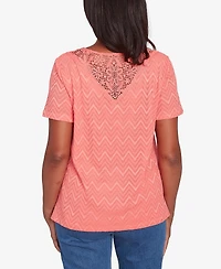 Alfred Dunner Women's Classic Textured Chevron Lace Back Top