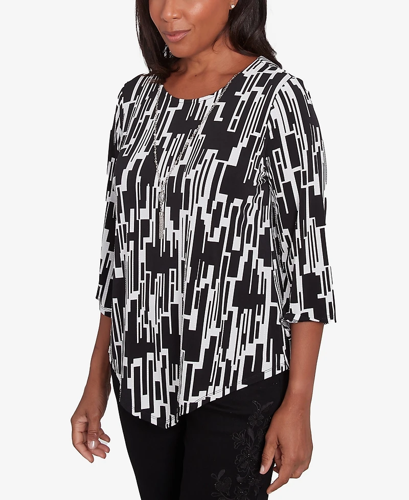 Alfred Dunner Women's Classic Vertical Geometric Top with Necklace