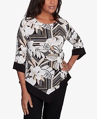 Alfred Dunner Women's Classic Floral Geometric Crewneck Top with Necklace