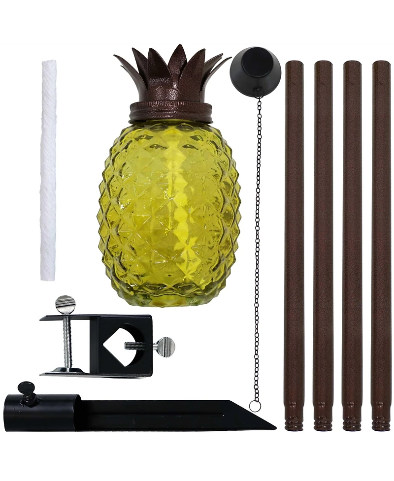 Outdoor Adjustable Height 3-in-1 Glass Tropical Pineapple Torches with Connected Snuffs and Metal Poles - 2pk