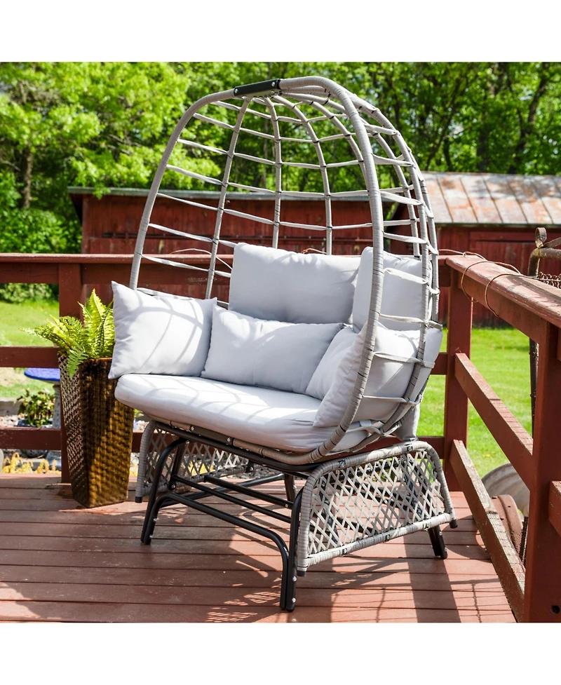 Outdoor Polyrattan Double Egg Chair Glider with Cushions and Pillows - Gray