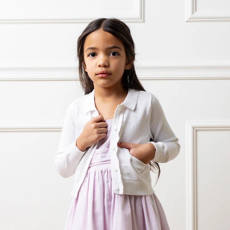 Hope & Henry Girls' Organic Long Sleeve Scallop Detail Cardigan Sweater, Kids
