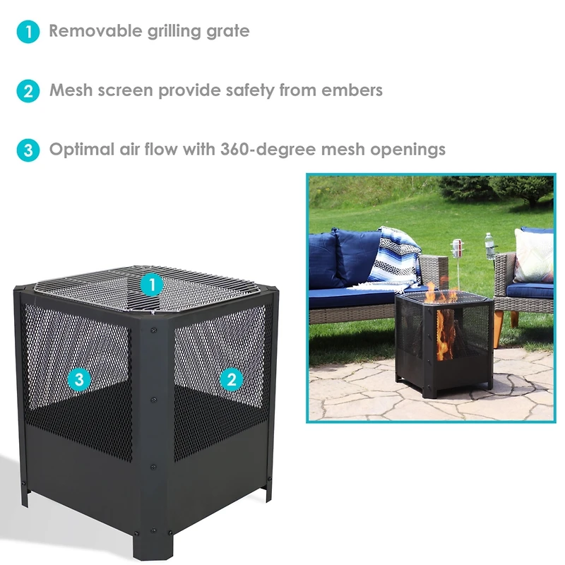 Outdoor Camping or Backyard Steel Square Grelha Fire Pit with Grilling Grate - 16" - Black