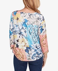 Alfred Dunner Petite Classics Floral Patch Drawstring Top