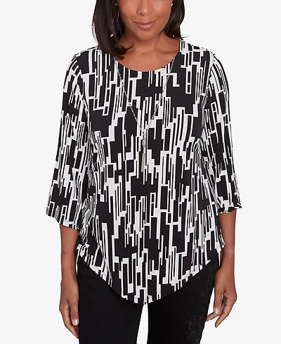 Alfred Dunner Petite Classics Vertical Geometric Top with Necklace