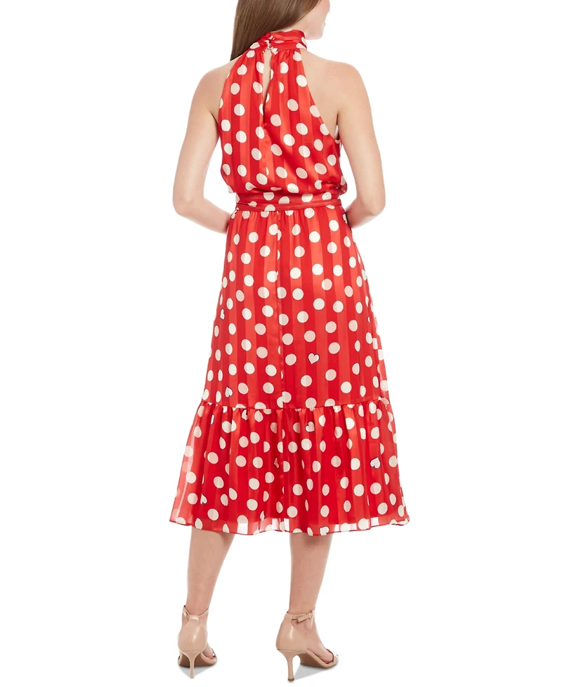 London Times Women's Polka-Dot Tie-Waist Mock-Neck Dress