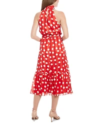 London Times Women's Polka-Dot Tie-Waist Mock-Neck Dress