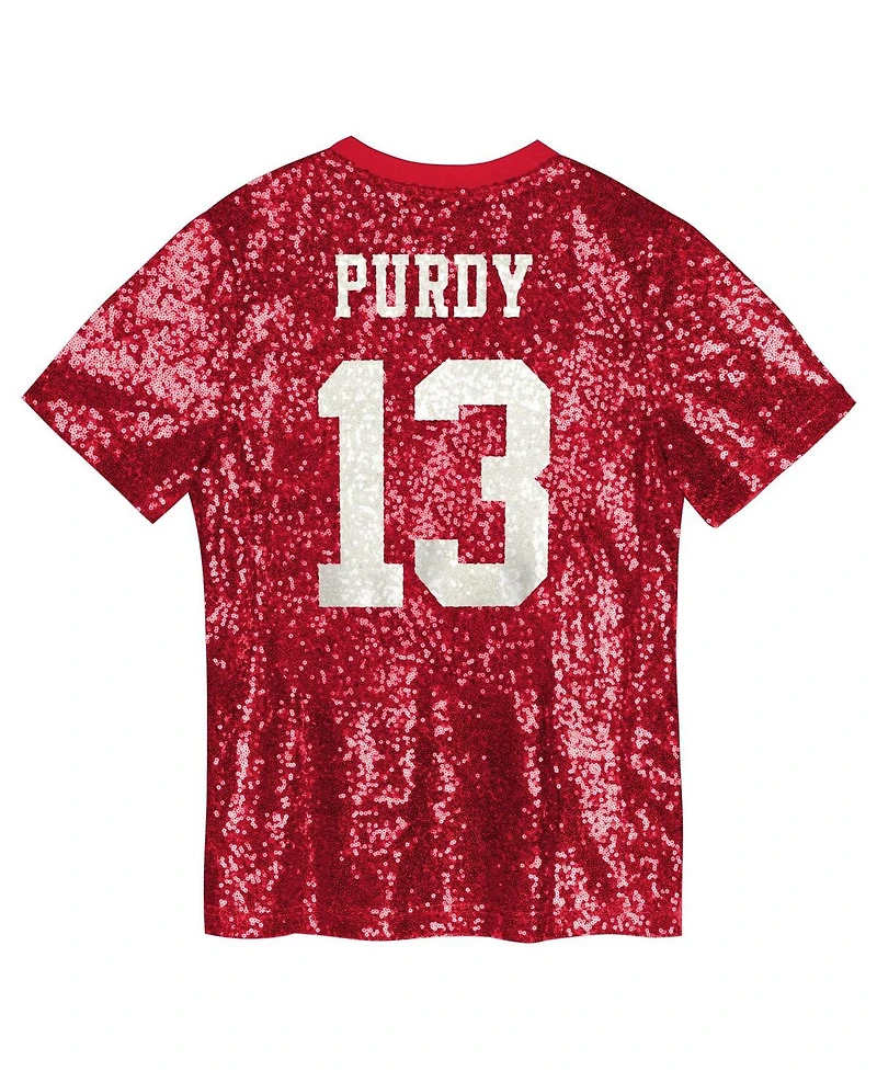 Outerstuff Big Girls Brock Purdy Scarlet San Francisco 49ers Sequin V-Neck Fashion Jersey