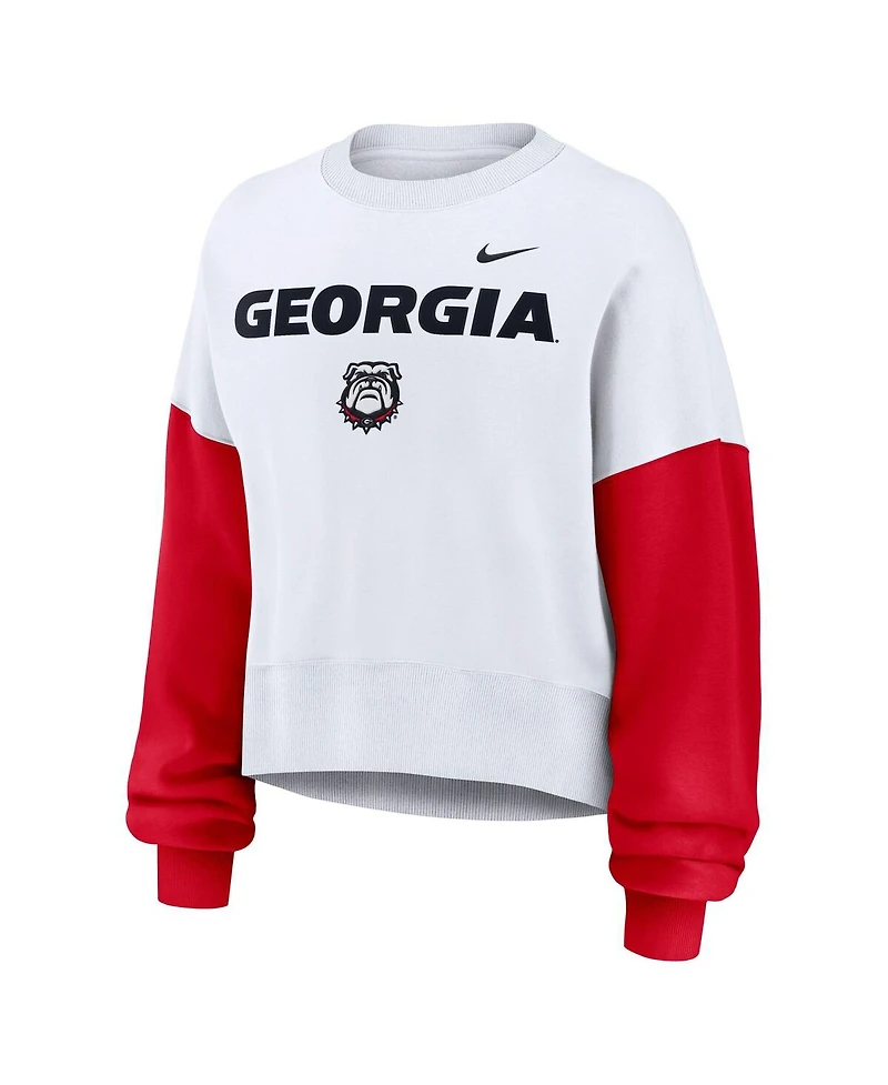 Nike Women's White Georgia Bulldogs Color-Block Oversized Cropped Pullover Sweatshirt