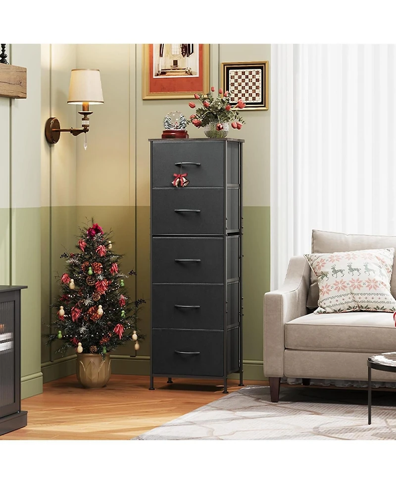 Wlive Fabric Dresser 5-Drawer Tall for Bedroom Storage Organizer with Bins Wood Top Sturdy Steel Frame Chest of Drawers Clo