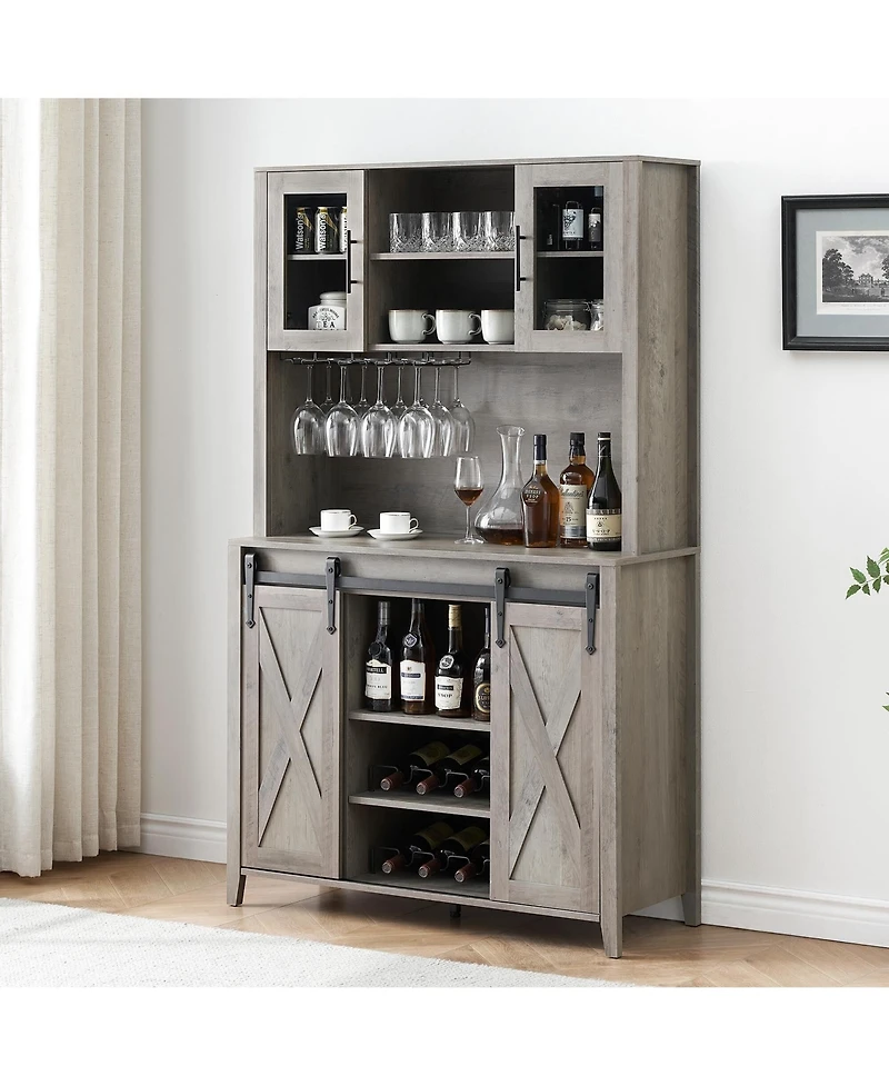 gaomon 70" Farmhouse Bar Wine Cabinet with Sliding Barn Doors, Coffee Liquor Cabinets with Storage Shelves and Glasses Rack for Kitchen