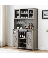 gaomon 70" Farmhouse Bar Wine Cabinet with Sliding Barn Doors, Coffee Liquor Cabinets with Storage Shelves and Glasses Rack for Kitchen