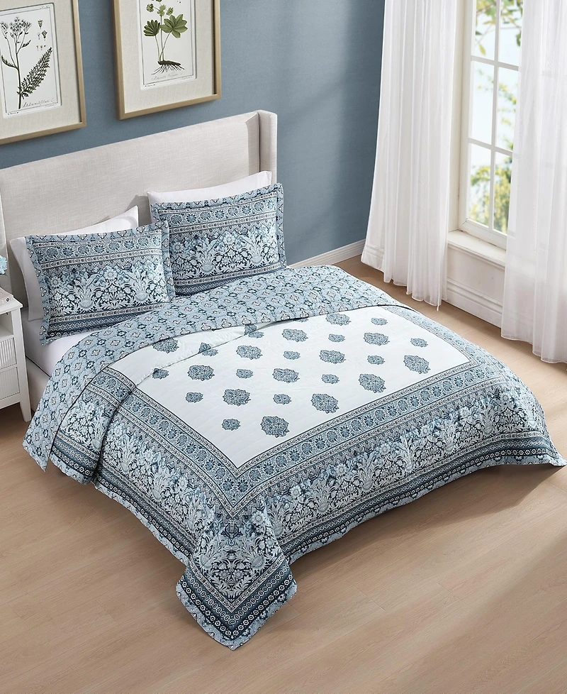 Bebejan Aquamarine Medallion 100% Cotton Sateen 3 Piece King Size Reversible Quilted Coverlet Set